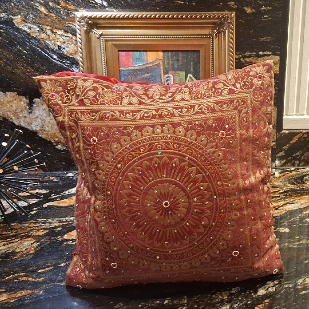 Embroidered Red Throw Pillow